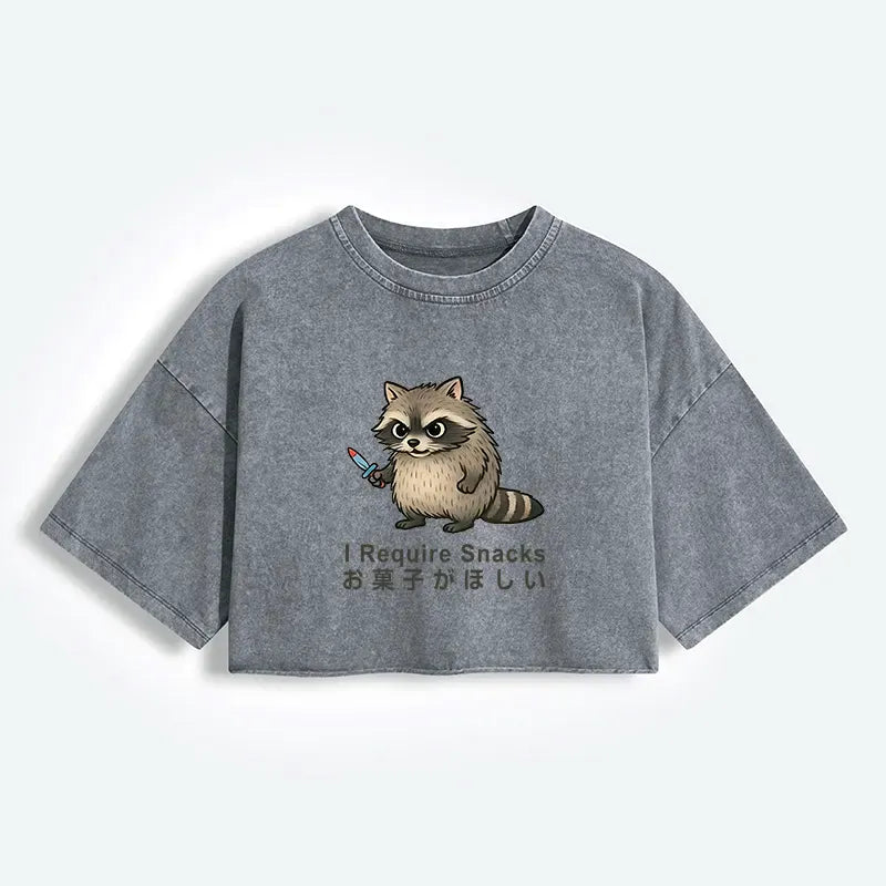 Kyoto-Lion Raccoons Need Snacks Funny Women's Washed Crop T-Shirt