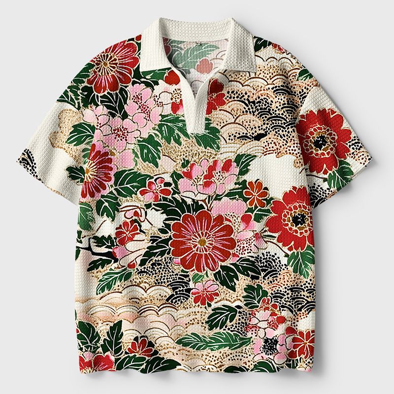 Kyoto-Lion Floral Splendor Crochet Polo Shirt