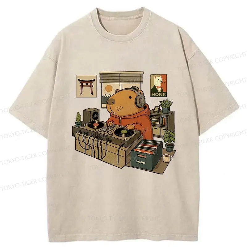 Kyoto-Lion Funny Capybara DJ Washed T-Shirt
