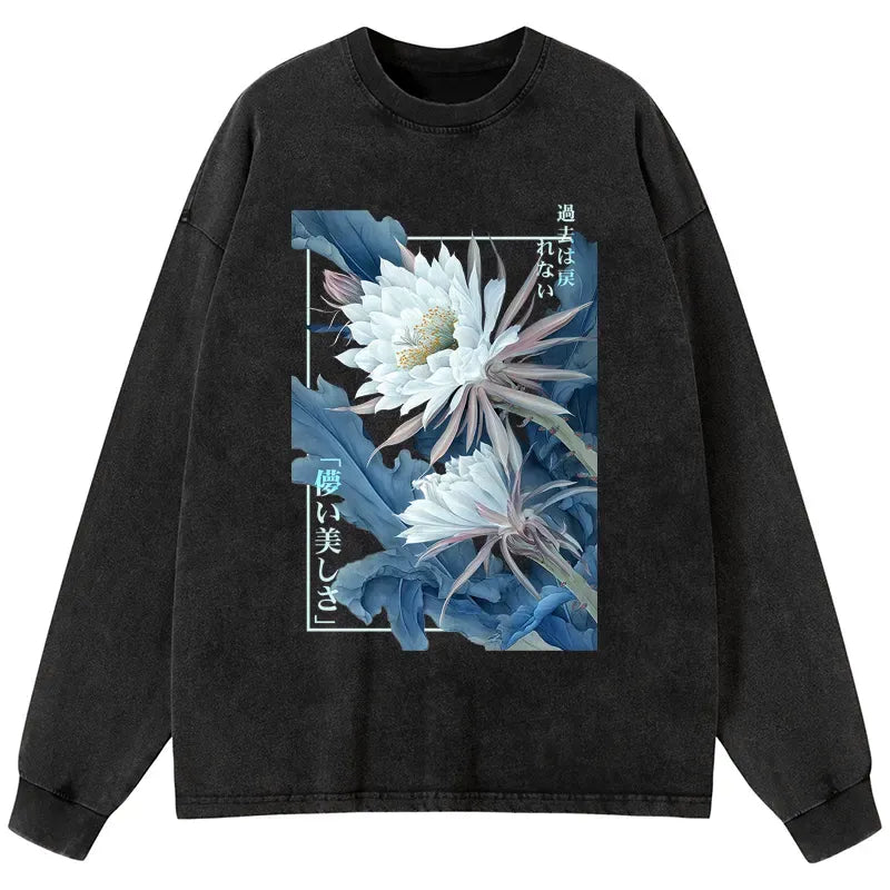 Kyoto-Lion Vintage Epiphyllum-Short-lived beauty Poster Washed Long Sleeve T-Shirt