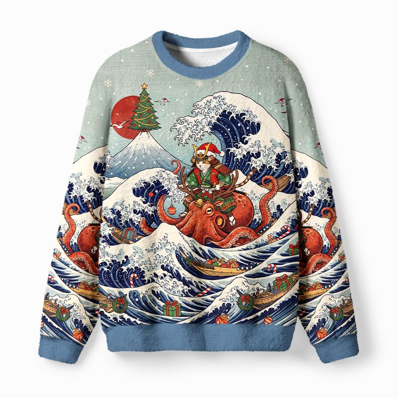 Kyoto-Lion Japanese Ukiyo-E Samurai Cat Riding Octopus Fuzzy Christmas Ugly Sweatshirt