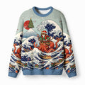 Kyoto-Lion Japanese Ukiyo-E Samurai Cat Riding Octopus Fuzzy Christmas Ugly Sweatshirt