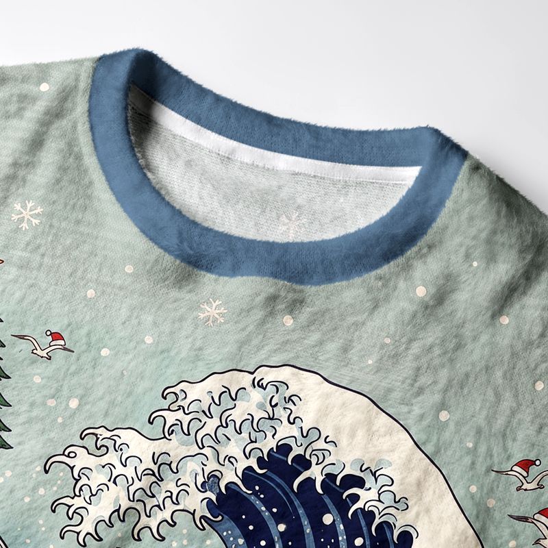 Kyoto-Lion Japanese Ukiyo-E Samurai Cat Riding Octopus Fuzzy Christmas Ugly Sweatshirt