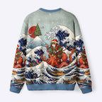 Kyoto-Lion Japanese Ukiyo-E Samurai Cat Riding Octopus Fuzzy Christmas Ugly Sweatshirt