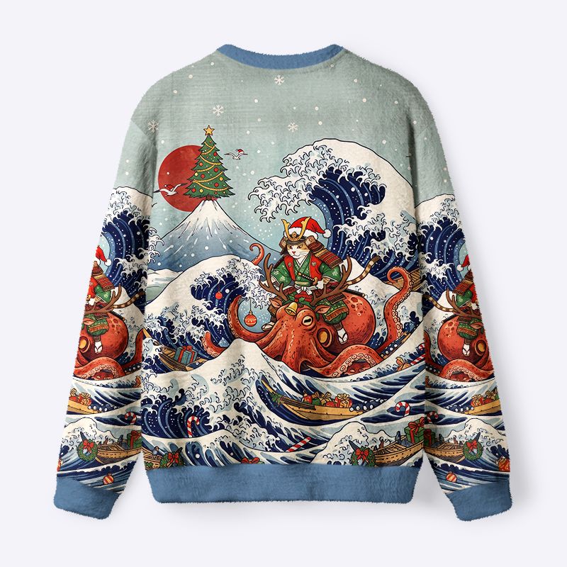 Kyoto-Lion Japanese Ukiyo-E Samurai Cat Riding Octopus Fuzzy Christmas Ugly Sweatshirt
