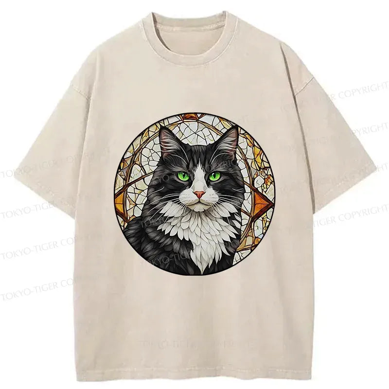 Kyoto-Lion Tuxedo Cat Art Washed T-Shirt