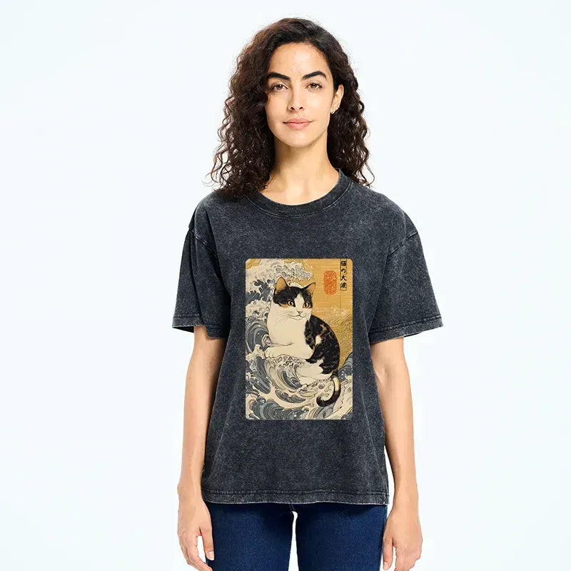 Kyoto-Lion Surfing Cat Washed T-Shirt