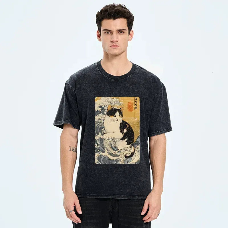 Kyoto-Lion Surfing Cat Washed T-Shirt