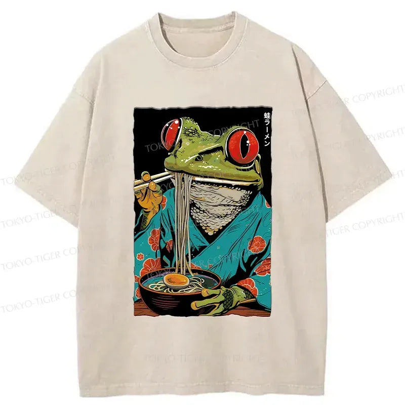 Kyoto-Lion Frog Monster Eating Ramen Washed T-Shirt