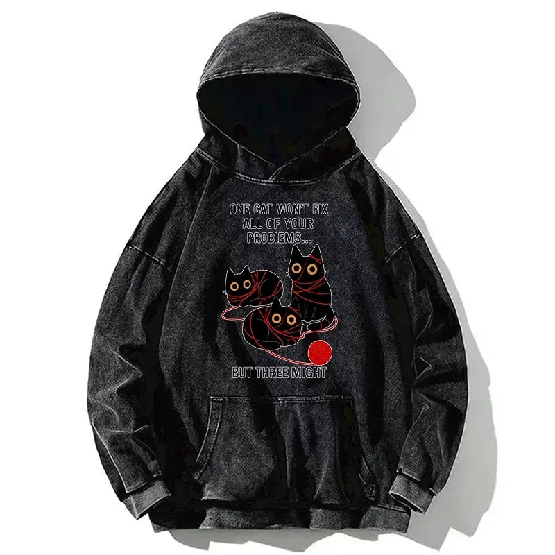 Kyoto-Lion Three Cats Fix All Problems Washed Hoodie