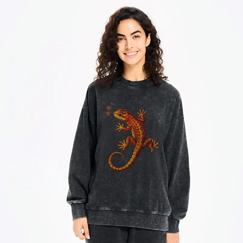 Kyoto-Lion Retro Gecko Funny Washed Sweatshirt