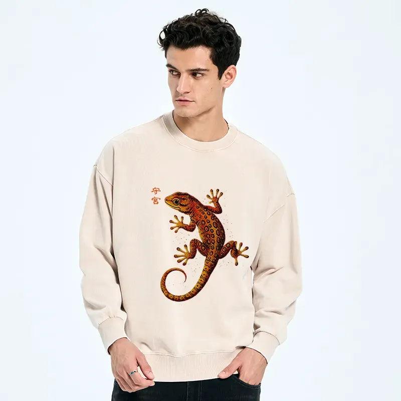 Kyoto-Lion Retro Gecko Funny Washed Sweatshirt