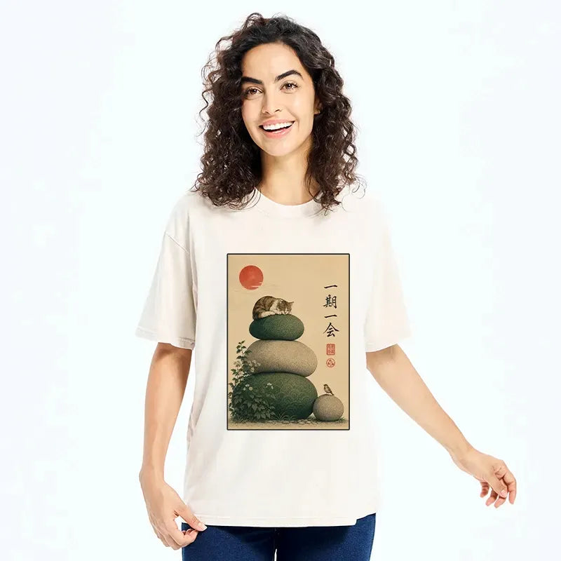 Kyoto-Lion Peaceful Sleep Kitty Zen Garden Graphic Washed T-Shirt