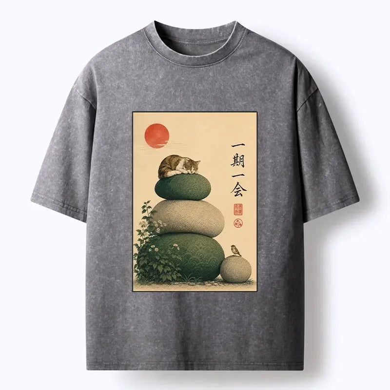 Kyoto-Lion Peaceful Sleep Kitty Zen Garden Graphic Washed T-Shirt