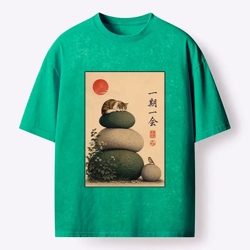Kyoto-Lion Peaceful Sleep Kitty Zen Garden Graphic Washed T-Shirt