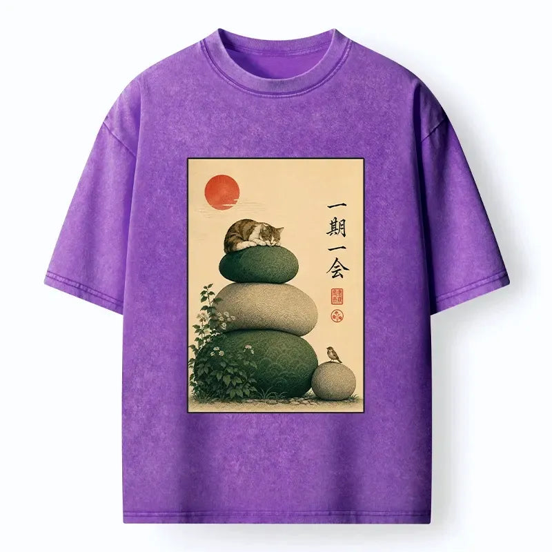 Kyoto-Lion Peaceful Sleep Kitty Zen Garden Graphic Washed T-Shirt