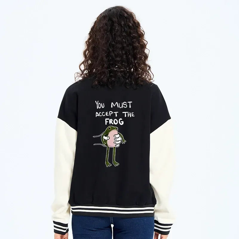 Kyoto-Lion Accept This Frog Embroidery Varsity Jacket