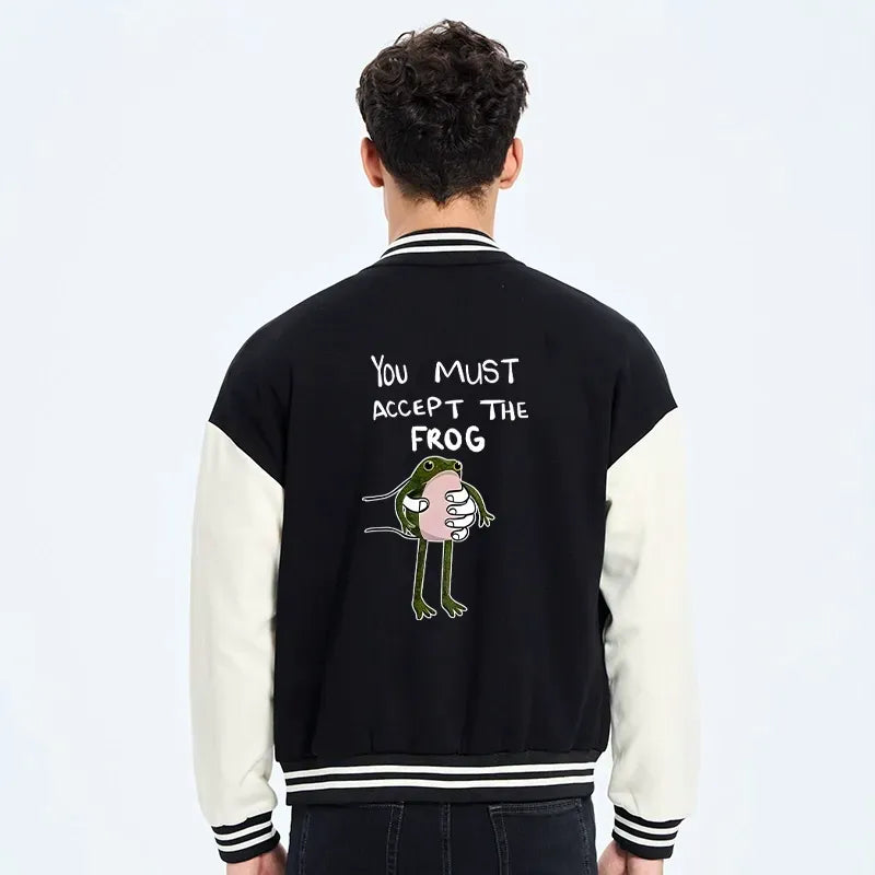 Kyoto-Lion Accept This Frog Embroidery Varsity Jacket