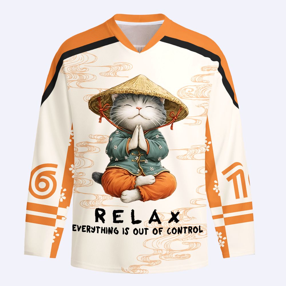 Kyoto-Lion Zen Relax Cat Graphic Long-Sleeve Hockey Jersey