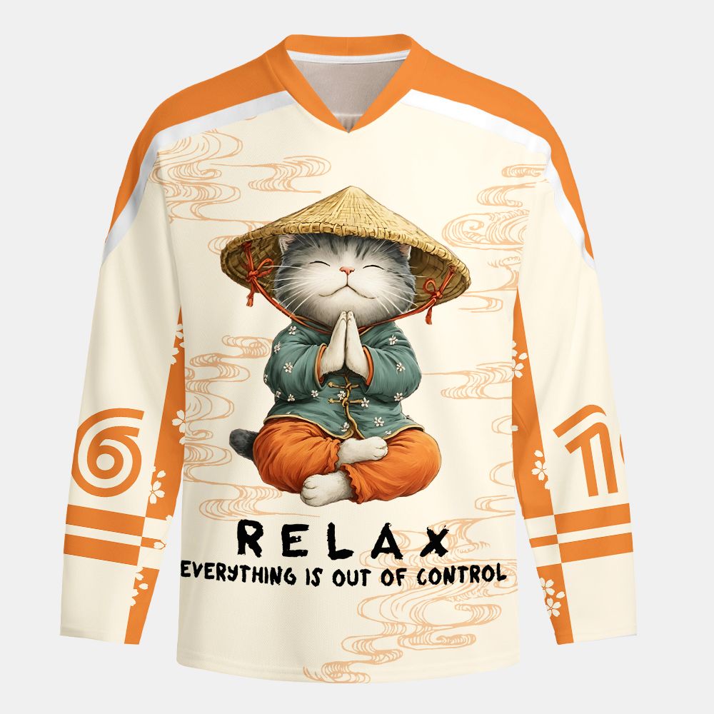 Kyoto-Lion Zen Relax Cat Graphic Long-Sleeve Hockey Jersey