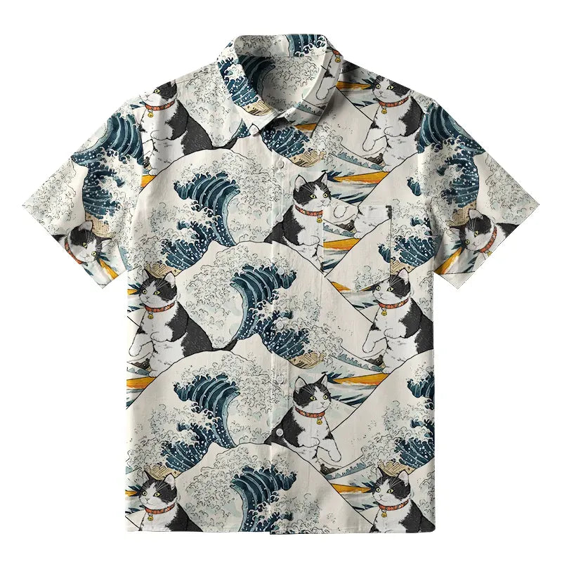 Kyoto-Lion Funny Cat Surfing Button-up Shirt