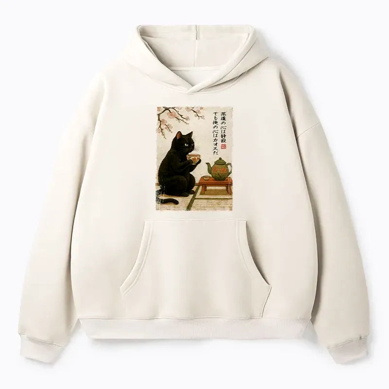 Kyoto-Lion Tea Time With A Black Cat Adult Fleece Hoodie