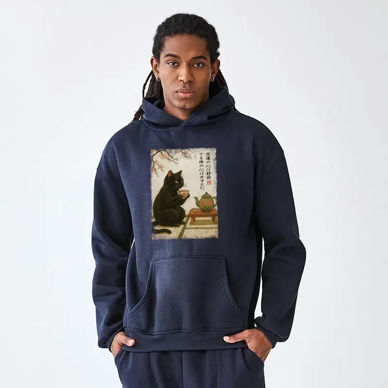 Kyoto-Lion Black Cat Fleece Hoodie for Daily Wear