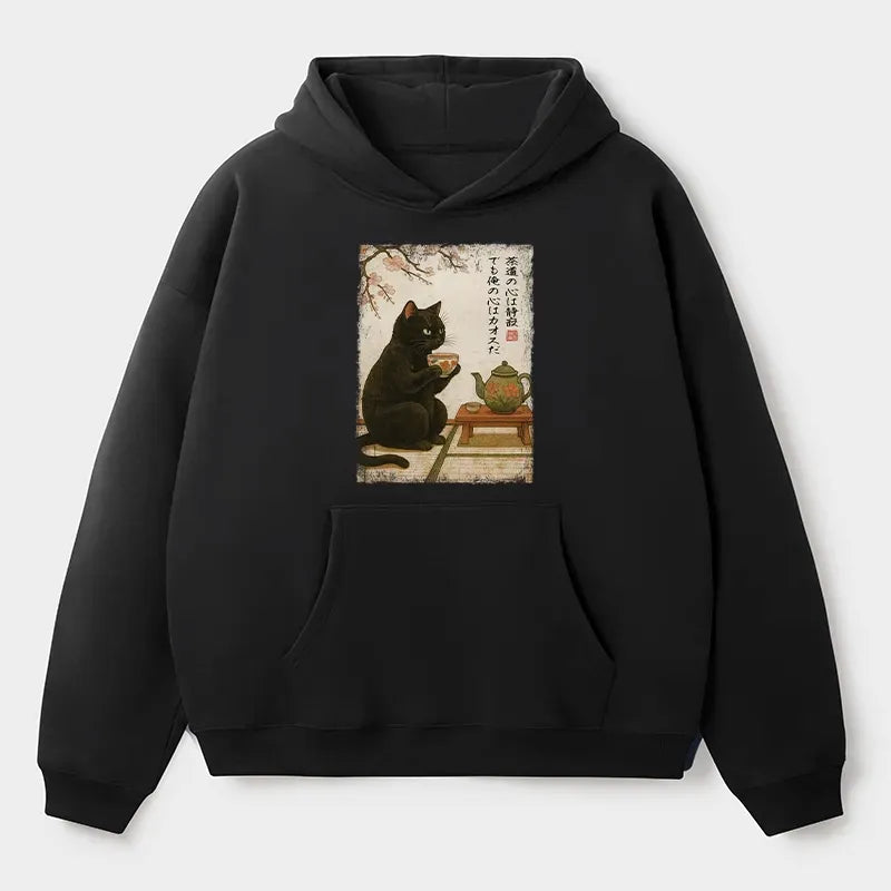 Kyoto-Lion Tea Time With A Black Cat Adult Fleece Hoodie