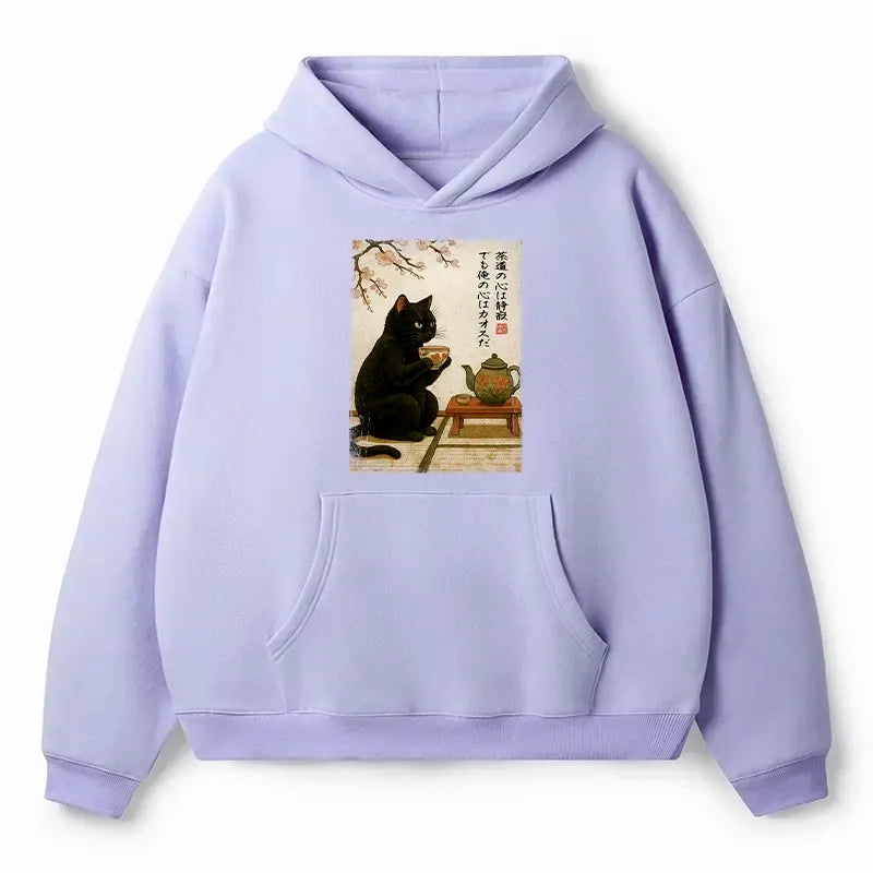 Kyoto-Lion Tea Time With A Black Cat Adult Fleece Hoodie