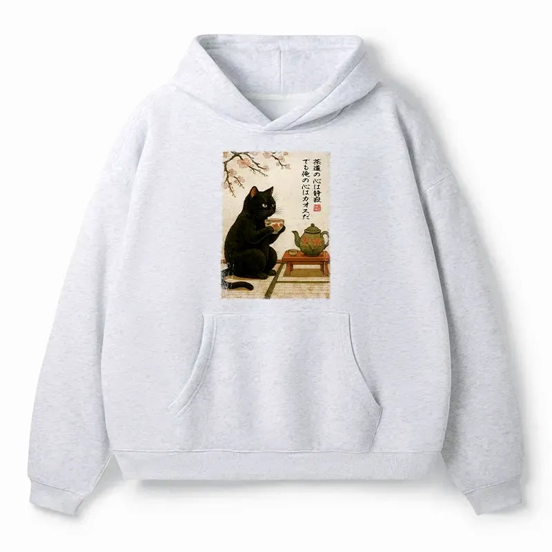 Kyoto-Lion Tea Time With A Black Cat Adult Fleece Hoodie
