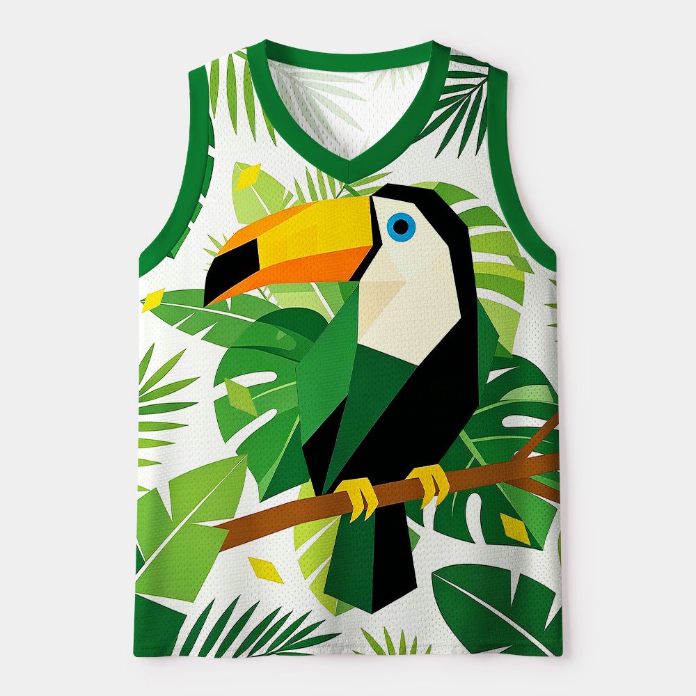 Kyoto-Lion Tropical Geometric Toucan Mesh Tank Top