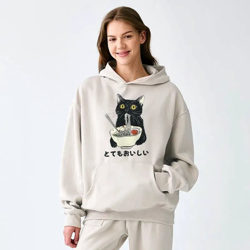 Kyoto-Lion Cats Eat Ramen Noodles Adult Fleece Hoodie