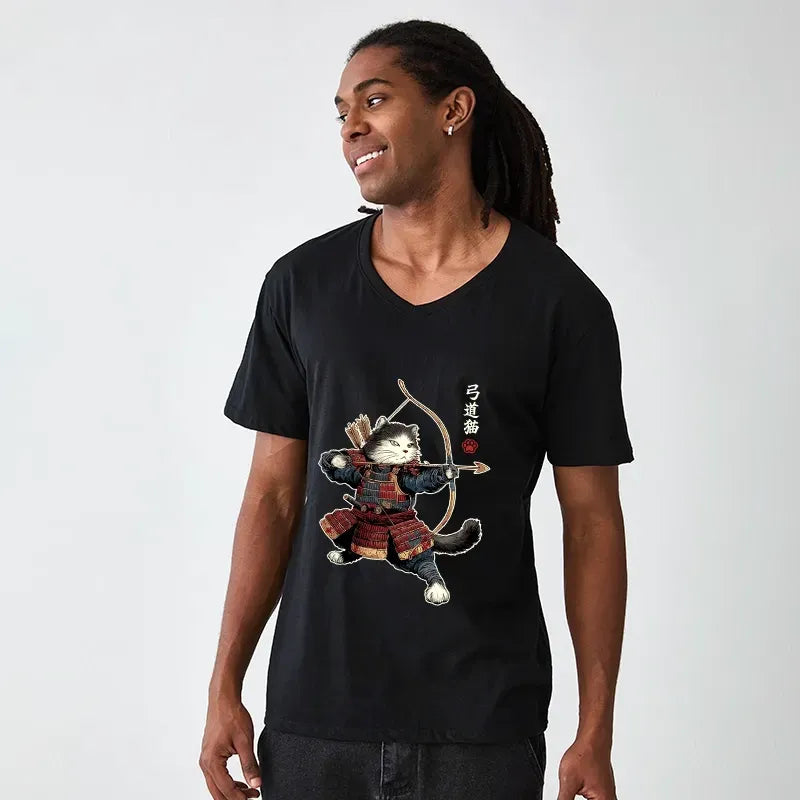 Samurai Cat V-Neck Shirt for Everyday Wear
