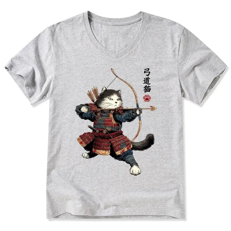 Samurai Cat V-Neck Shirt for Everyday Wear