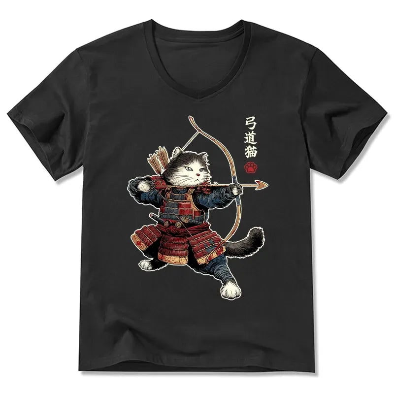 Samurai Cat V-Neck Shirt for Everyday Wear