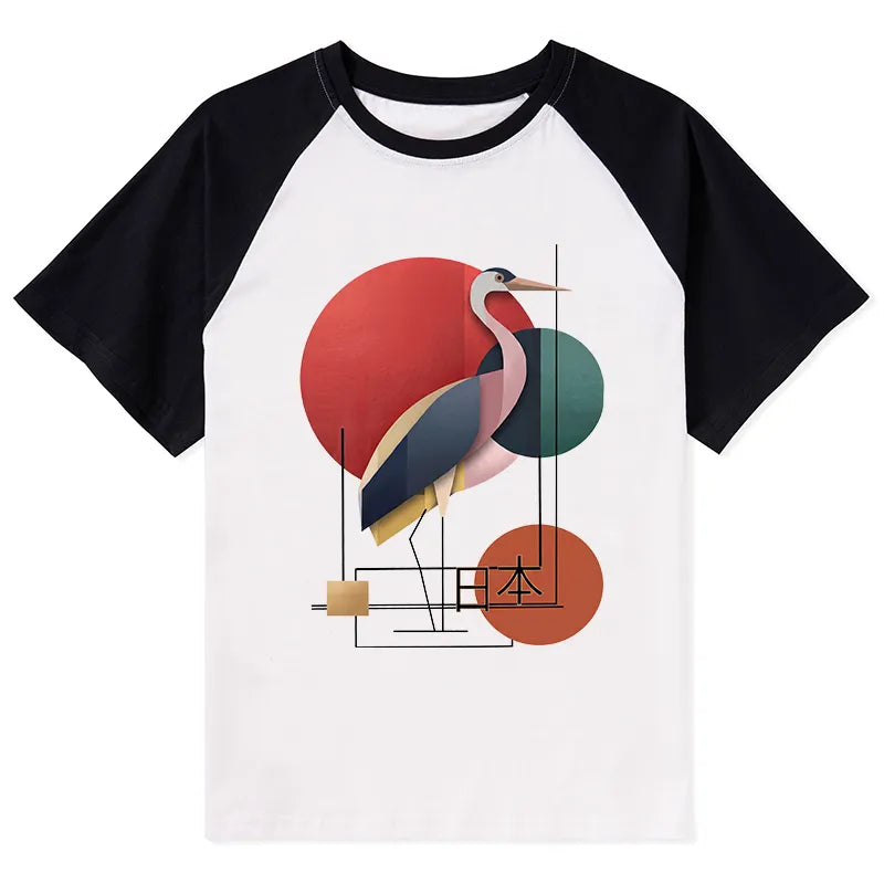 Kyoto-Lion Geometric Crane Art Raglan T-shirt
