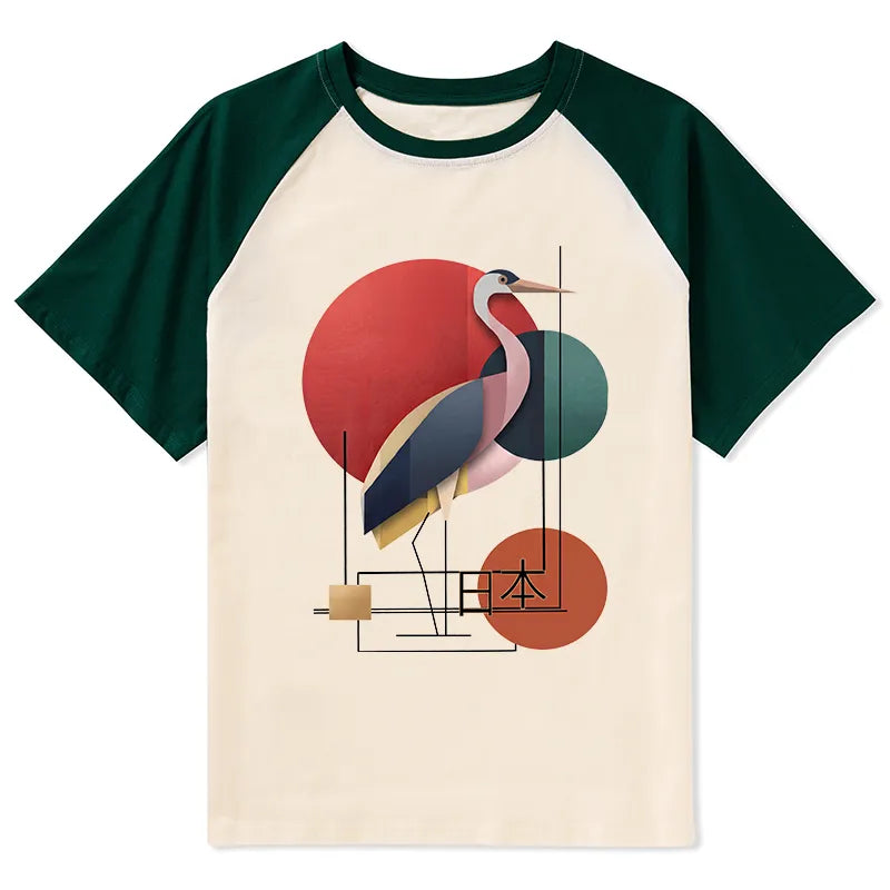 Kyoto-Lion Geometric Crane Art Raglan T-shirt