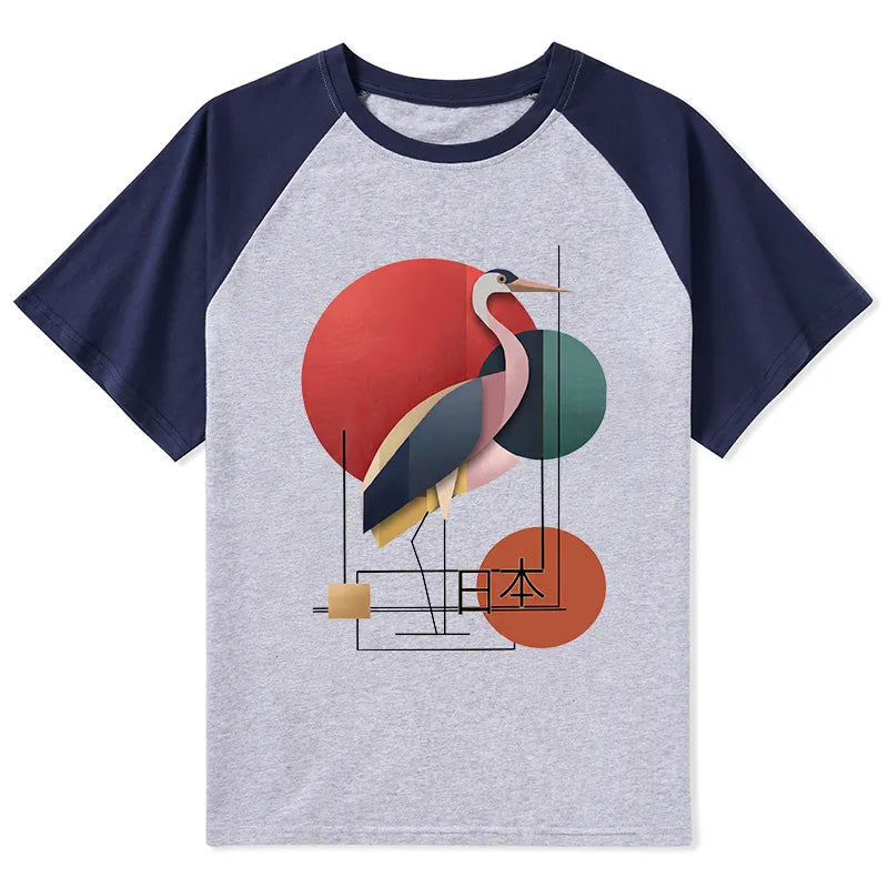 Kyoto-Lion Geometric Crane Art Raglan T-shirt