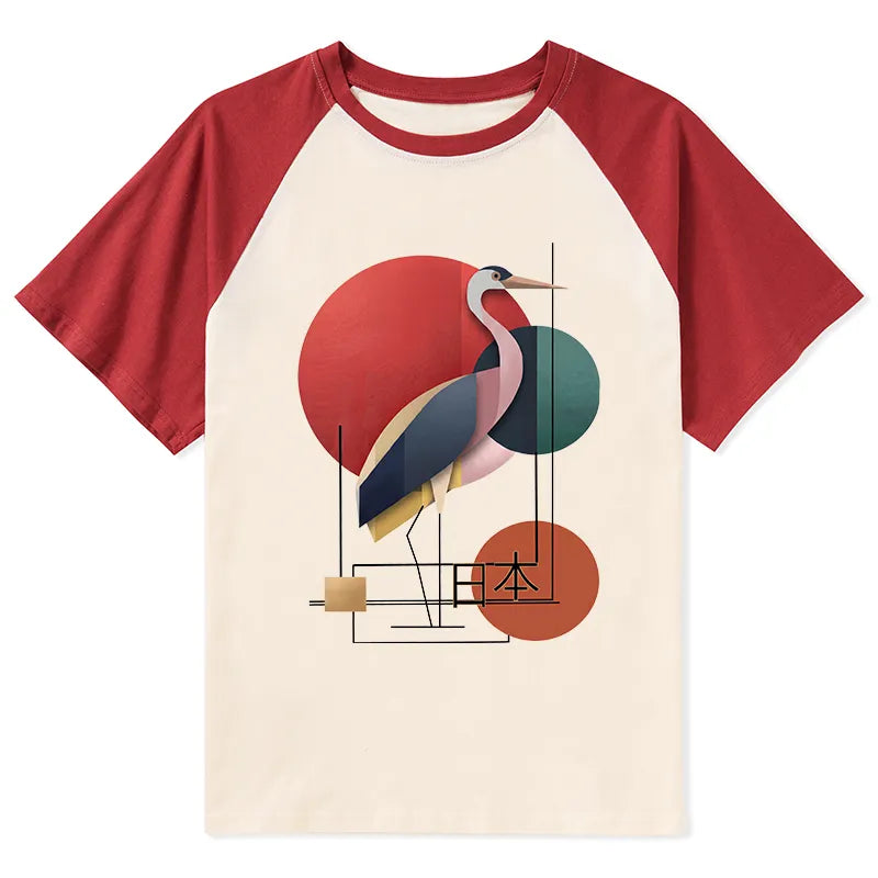 Kyoto-Lion Geometric Crane Art Raglan T-shirt