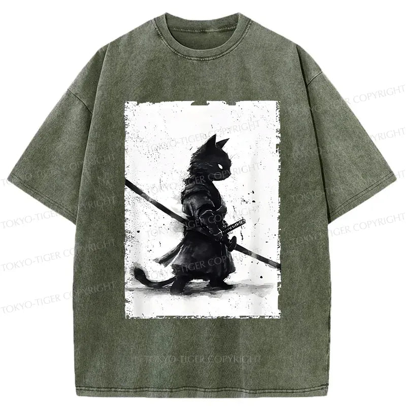Kyoto-Lion Retro Cat Samurai Japanese Washed T-Shirt