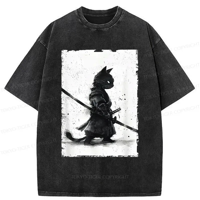 Kyoto-Lion Retro Cat Samurai Japanese Washed T-Shirt