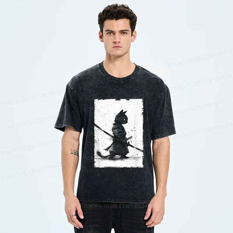 Kyoto-Lion Retro Cat Samurai Japanese Washed T-Shirt