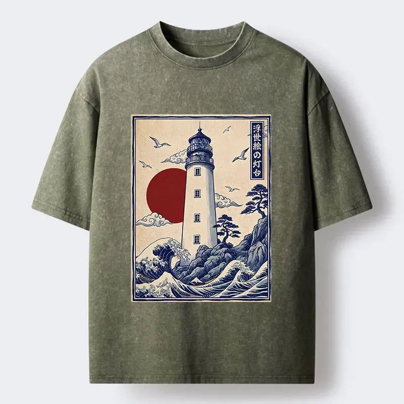 Kyoto-Lion Classic Wave Lighthouse Sunrise Print Washed T-Shirt