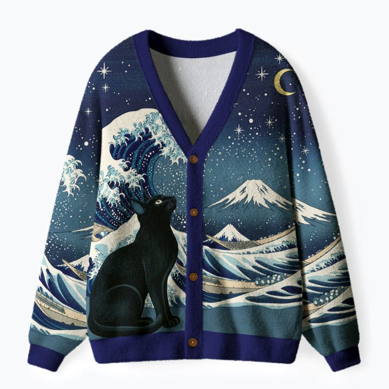 Kyoto-Lion Cat Staring at the Starry Night Ugly Cardigan Sweater