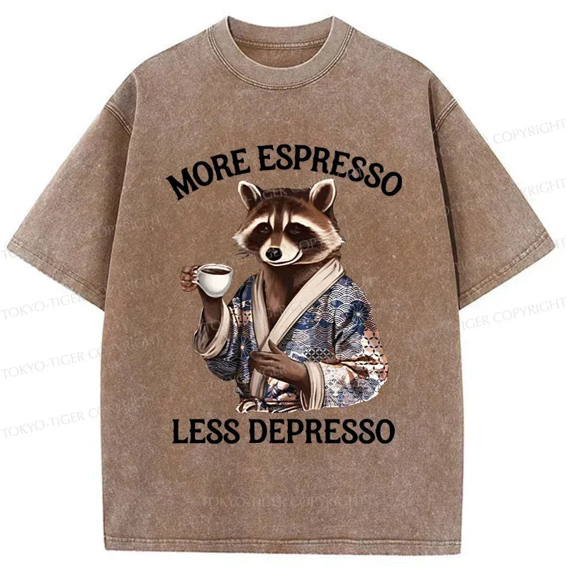 Kyoto-Lion Raccoon Drinking Coffee Washed T-Shirt