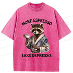 Kyoto-Lion Raccoon Drinking Coffee Washed T-Shirt