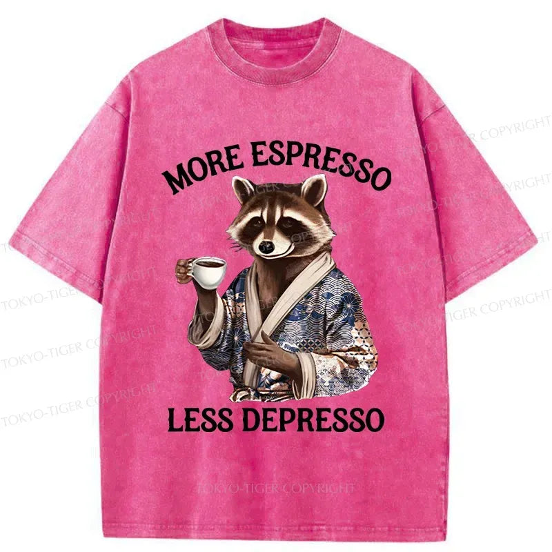 Kyoto-Lion Raccoon Drinking Coffee Washed T-Shirt