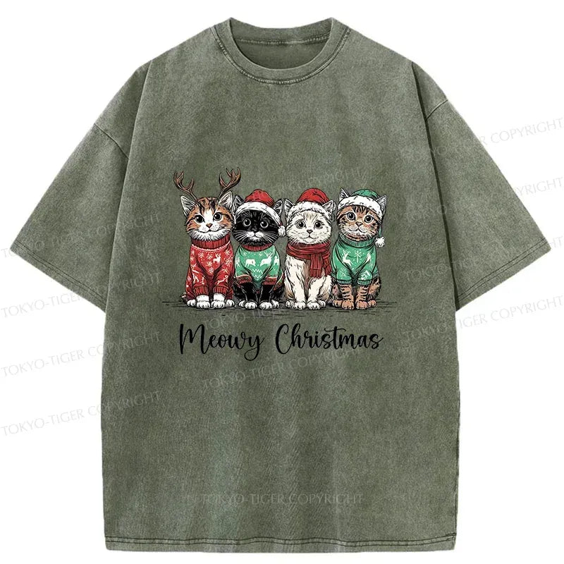 Kyoto-Lion Four Kittens Christmas Washed T-Shirt