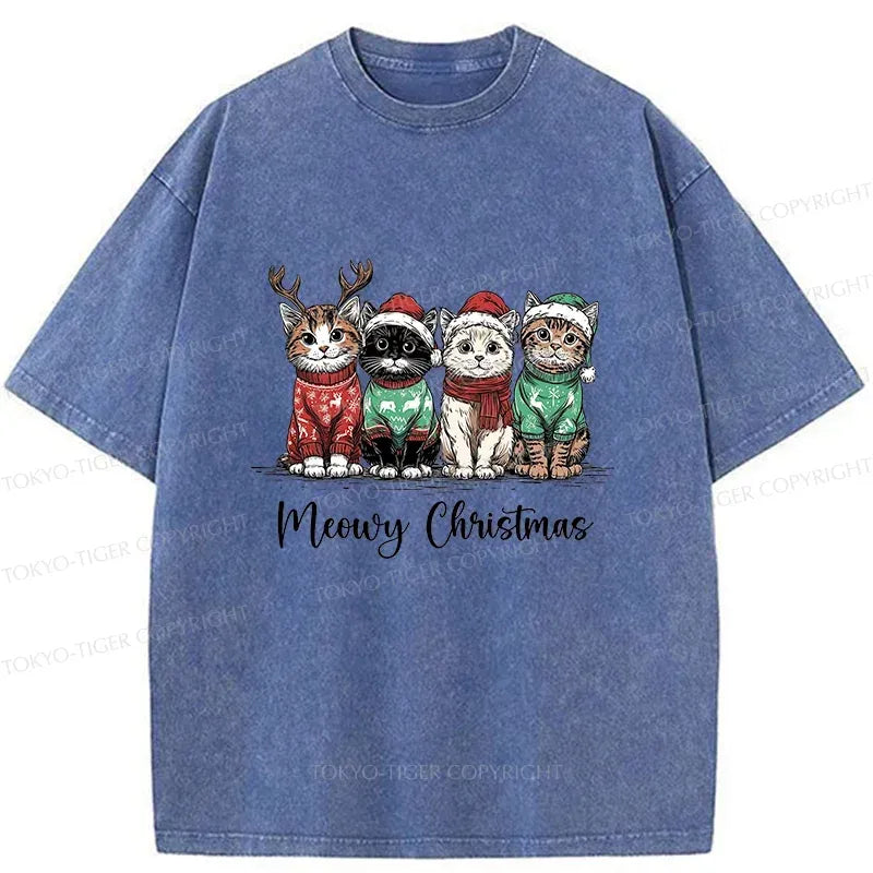 Kyoto-Lion Four Kittens Christmas Washed T-Shirt