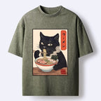 Kyoto-Lion Ramen Eating Cute Cat Washed T-Shirt